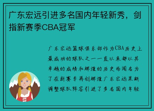 广东宏远引进多名国内年轻新秀，剑指新赛季CBA冠军