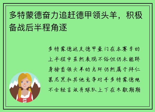 多特蒙德奋力追赶德甲领头羊，积极备战后半程角逐