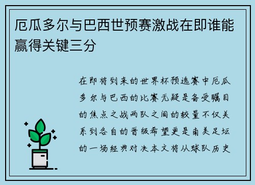 厄瓜多尔与巴西世预赛激战在即谁能赢得关键三分