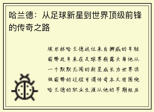 哈兰德：从足球新星到世界顶级前锋的传奇之路