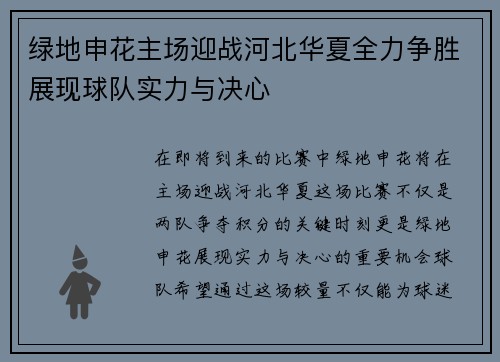 绿地申花主场迎战河北华夏全力争胜展现球队实力与决心