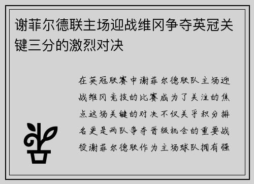 谢菲尔德联主场迎战维冈争夺英冠关键三分的激烈对决