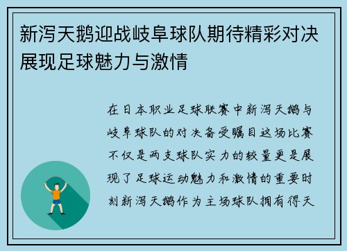 新泻天鹅迎战岐阜球队期待精彩对决展现足球魅力与激情