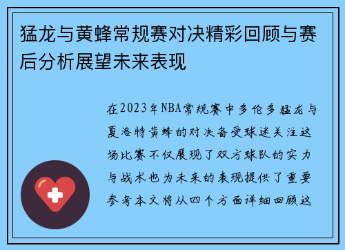 猛龙与黄蜂常规赛对决精彩回顾与赛后分析展望未来表现