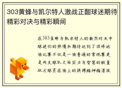 303黄蜂与凯尔特人激战正酣球迷期待精彩对决与精彩瞬间