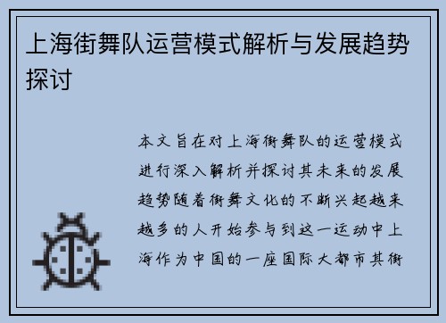 上海街舞队运营模式解析与发展趋势探讨