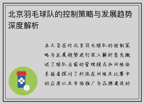 北京羽毛球队的控制策略与发展趋势深度解析