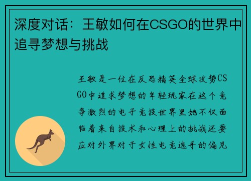 深度对话：王敏如何在CSGO的世界中追寻梦想与挑战