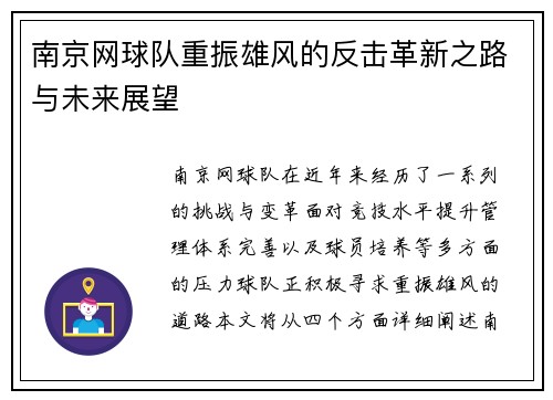南京网球队重振雄风的反击革新之路与未来展望