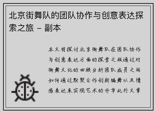 北京街舞队的团队协作与创意表达探索之旅 - 副本