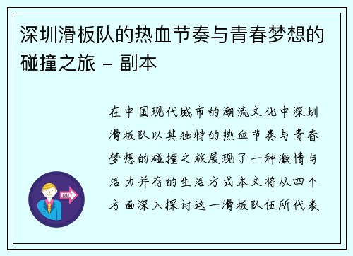 深圳滑板队的热血节奏与青春梦想的碰撞之旅 - 副本