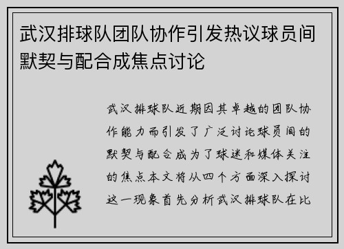 武汉排球队团队协作引发热议球员间默契与配合成焦点讨论